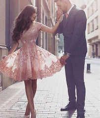 Pink off shoulder lace short prom dress, cute homecoming dress - RongMoon