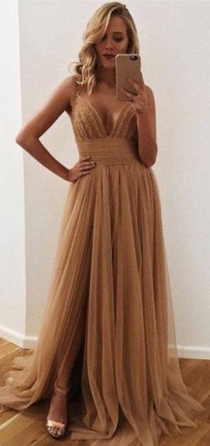 Champagne tulle long prom dress, tulle evening dress for teens - RongMoon