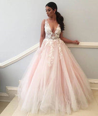 Champagne v neck tulle lace applique long prom dress, evening dress - RongMoon