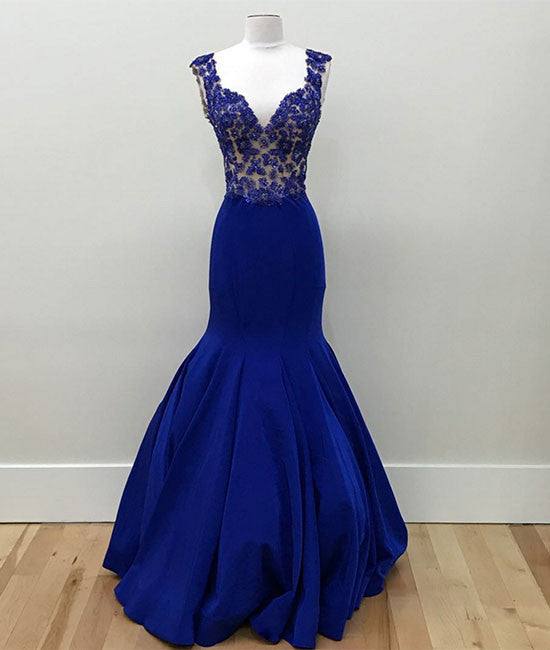 Royal blue v neck mermaid long prom dress, blue formal dress - RongMoon
