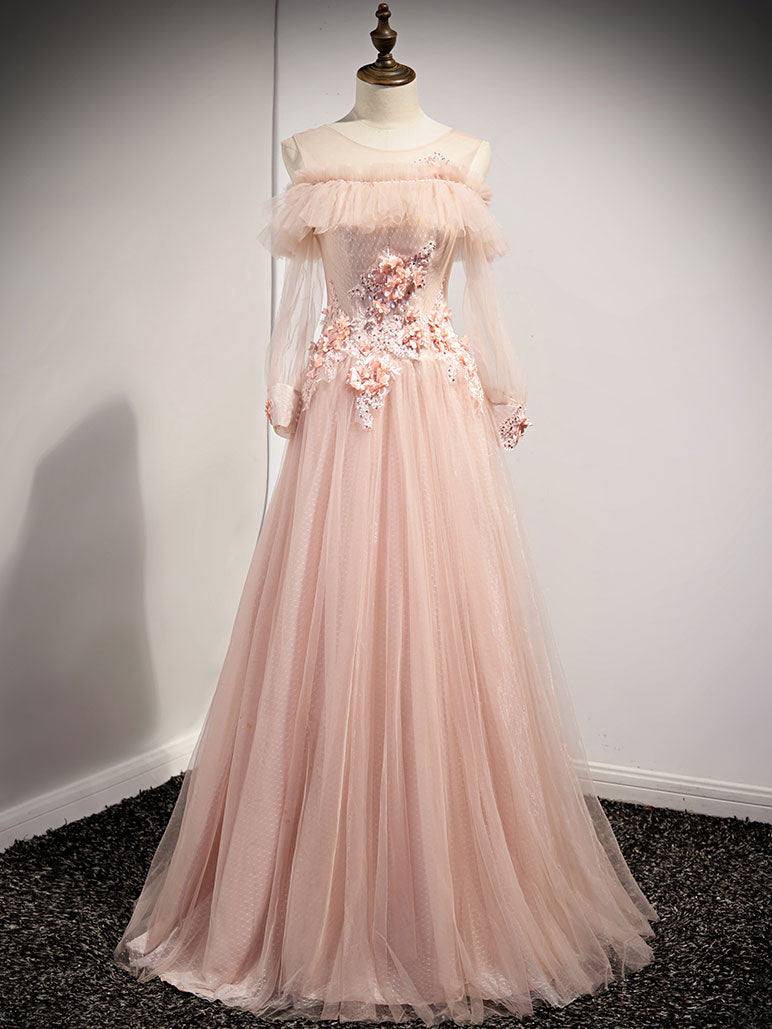 Pink round neck tulle lace long prom dress, pink lace bridesmaid dress - RongMoon