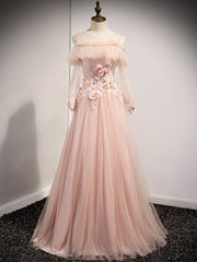 Pink round neck tulle lace long prom dress, pink lace bridesmaid dress - RongMoon