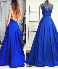 Simple V Neck Blue Long Prom Gown, Evening Dresses - RongMoon