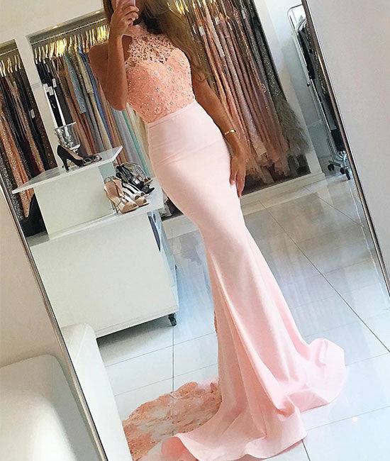 Pink lace mermaid prom dress, mermaid bridesmaid dress - RongMoon