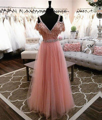 Pink v neck lace tulle long prom dress, pink evening dress - RongMoon