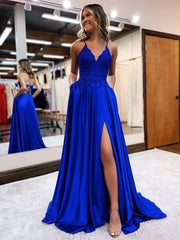 Blue v neck satin lace long prom dress, blue evening dress - RongMoon
