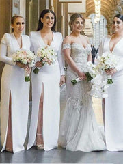 Long Sleeves Bridesmaid Dresses, V-neck Bridesmaid Dresses, 2020 Bridesmaid Dresses - RongMoon