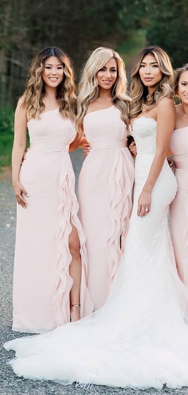 2020 Popular One Shoulder Long Bridesmaid Dresses, High Side Slit Bridesmaid Dresses - RongMoon