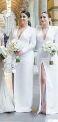 Long Sleeves Bridesmaid Dresses, V-neck Bridesmaid Dresses, 2020 Bridesmaid Dresses - RongMoon