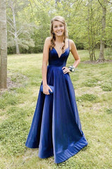 Simple v neck blue satin long prom dress blue evening dress - RongMoon
