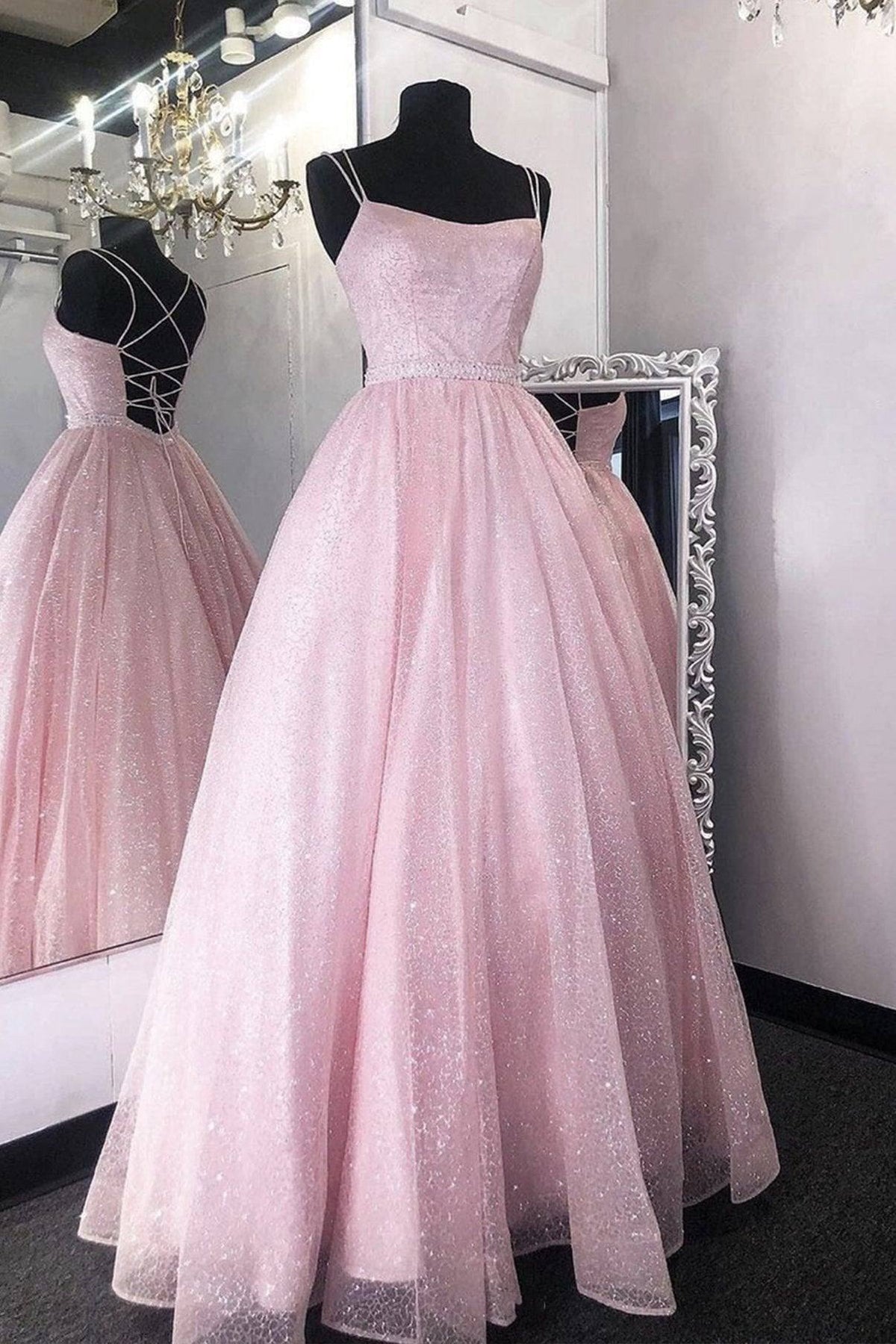 Pink tulle sequin long prom dress pink tulle formal dress - RongMoon