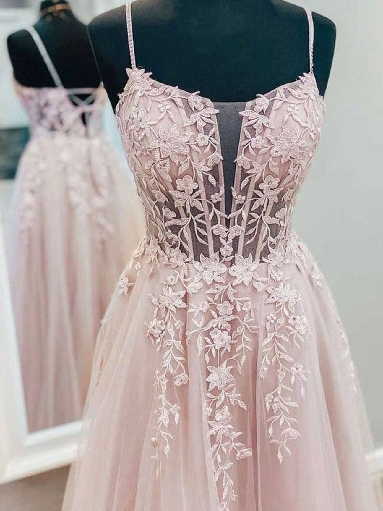 Pink tulle lace A line long prom dress, pink lace evening dress - RongMoon