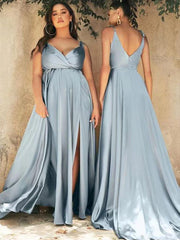 Newest V-neck Popular Wedding Bridesamid Dresses, A-line Fashion Bridesmaid Dresses, Simple Long Prom Dresses - RongMoon