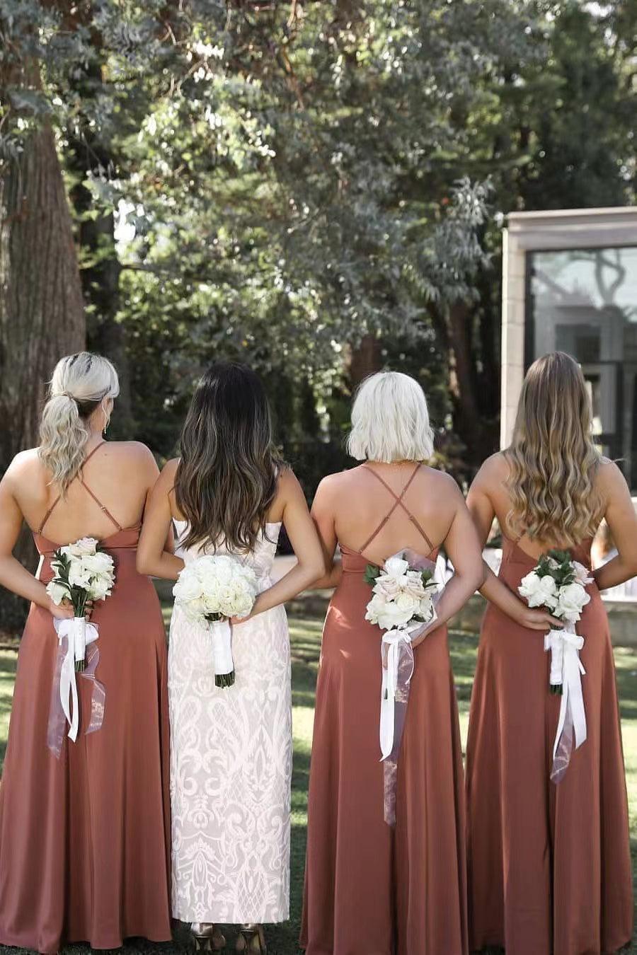 Side Slit Wedding Bridesmaid Dresses, Spaghetti Straps Bridal Party Dresses, Long Prom Dresses - RongMoon