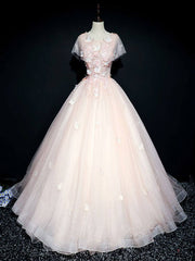 Pink tulle lace long prom dress, pink tulle lace evening dress - RongMoon