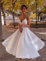 Simple V Neck White Prom Dress, Tea Length Saint Formal Wedding Party Dress - RongMoon