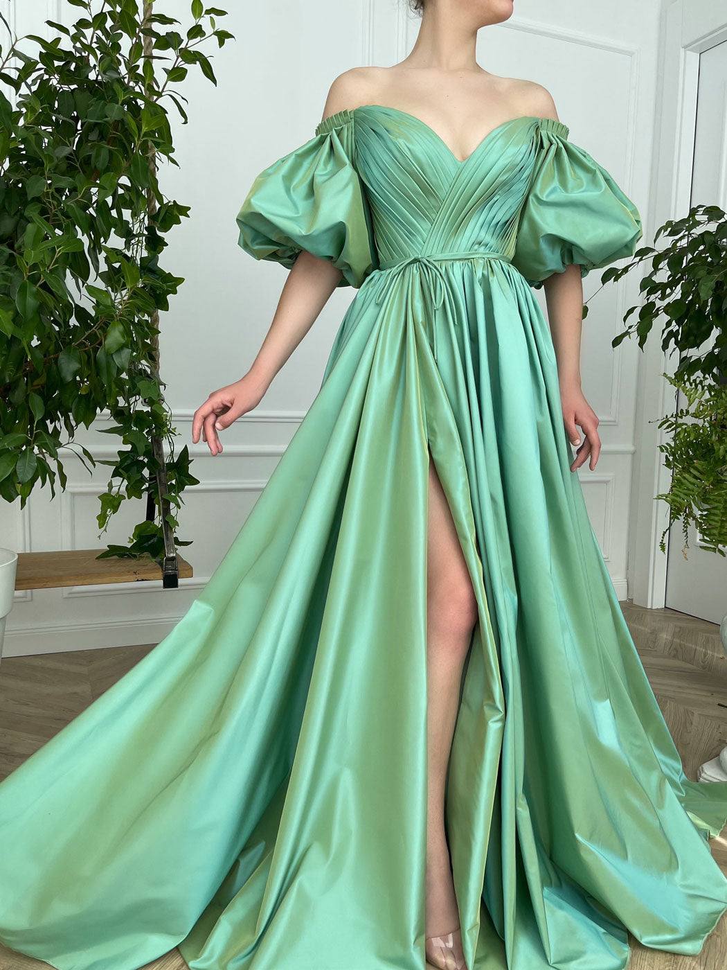 Simple green satin long prom dress, green evening dress - RongMoon