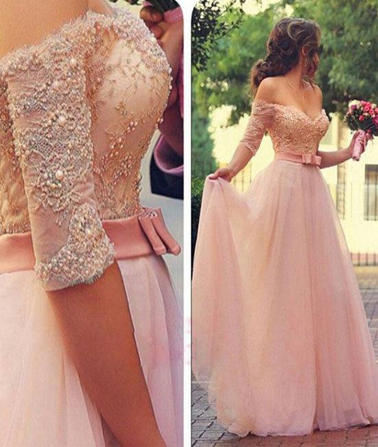 Pink A-line Lace Sweetheart Long Prom Dresses, Foraml Dresses - RongMoon