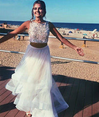 White two pieces sequin tulle prom dress, white evening dress - RongMoon