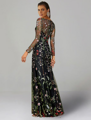 Sheath / Column Wedding Guest Dresses Floral Dress Wedding Guest Floor Length Long Sleeve Jewel Neck Tulle with Embroidery