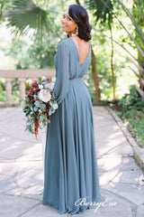 Long Sleeves V-neck Bridesmaid Dresses, Chiffon A-line Bridesmaid Dresses - RongMoon