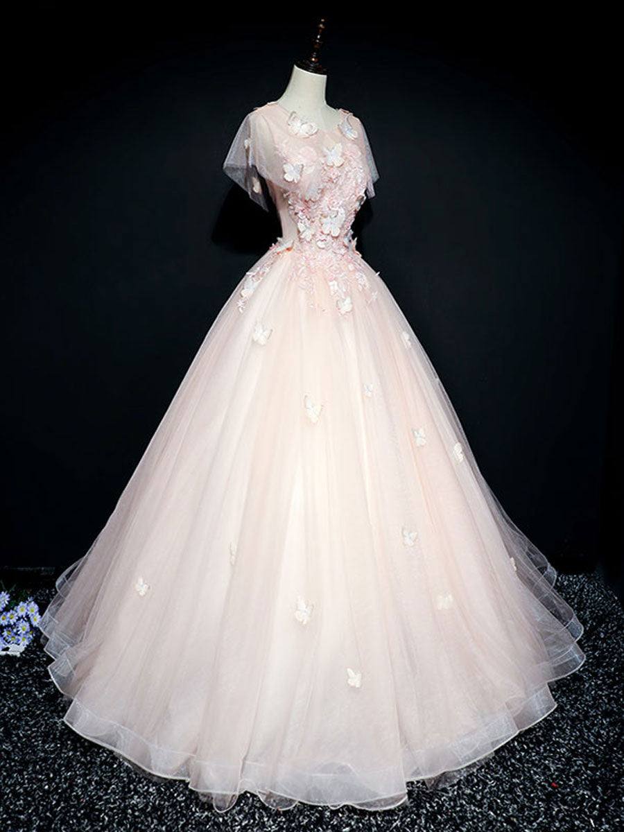Pink tulle lace long prom dress, pink tulle lace evening dress - RongMoon