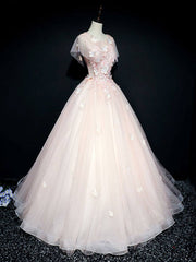 Pink tulle lace long prom dress, pink tulle lace evening dress - RongMoon