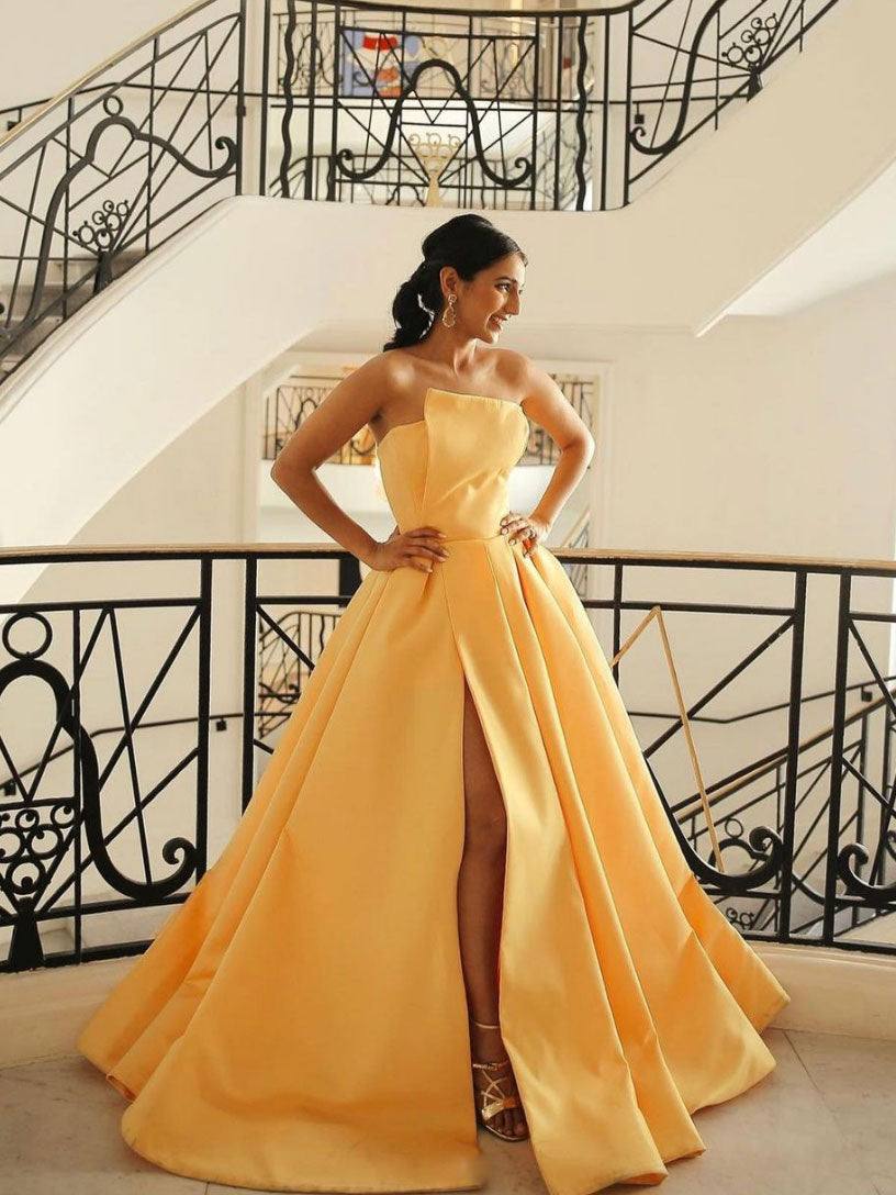 Yellow satin long prom dress, simple yellow evening dress - RongMoon