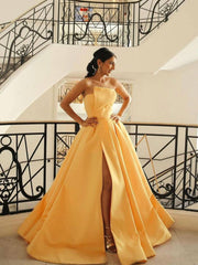 Yellow satin long prom dress, simple yellow evening dress - RongMoon