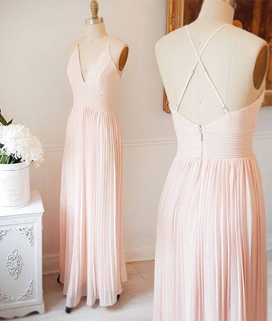 light pink v neck chiffon long prom dress, pink evening dress - RongMoon