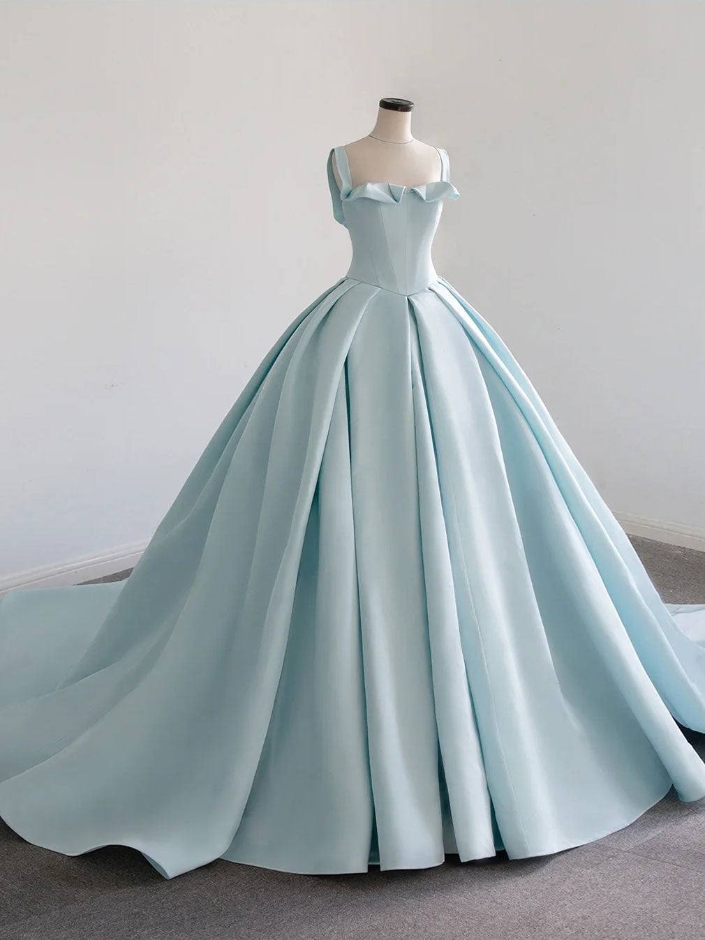 Blue satin long prom dress, blue sweet 16 dress - RongMoon