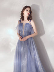 Blue A-Line Tulle Long Prom Dresses, Blue Formal Graduation Dresses - RongMoon