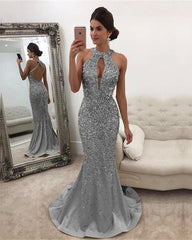 Luxurious Crystal Beaded Halter Open Back Mermaid Evening Dresses
