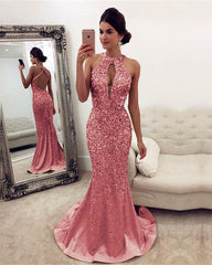 Luxurious Crystal Beaded Halter Open Back Mermaid Evening Dresses