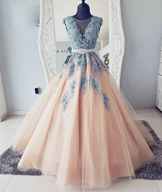 Champagne tulle lace long prom dress, champagne tulle evening dress - RongMoon