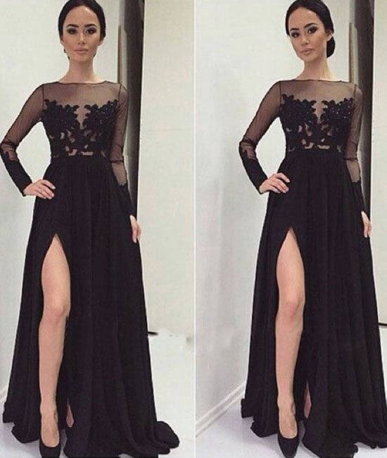 Black lace long sleeves prom dress, black evening dress - RongMoon