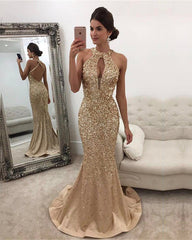 Luxurious Crystal Beaded Halter Open Back Mermaid Evening Dresses