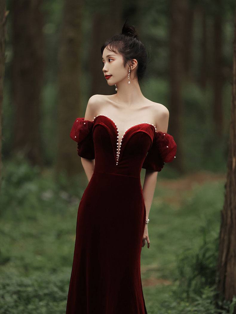 Simple burgundy velvet mermaid long prom dress, burgundy evening dress - RongMoon