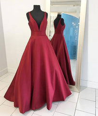 Red v neck satin long prom dress, red evening dress - RongMoon