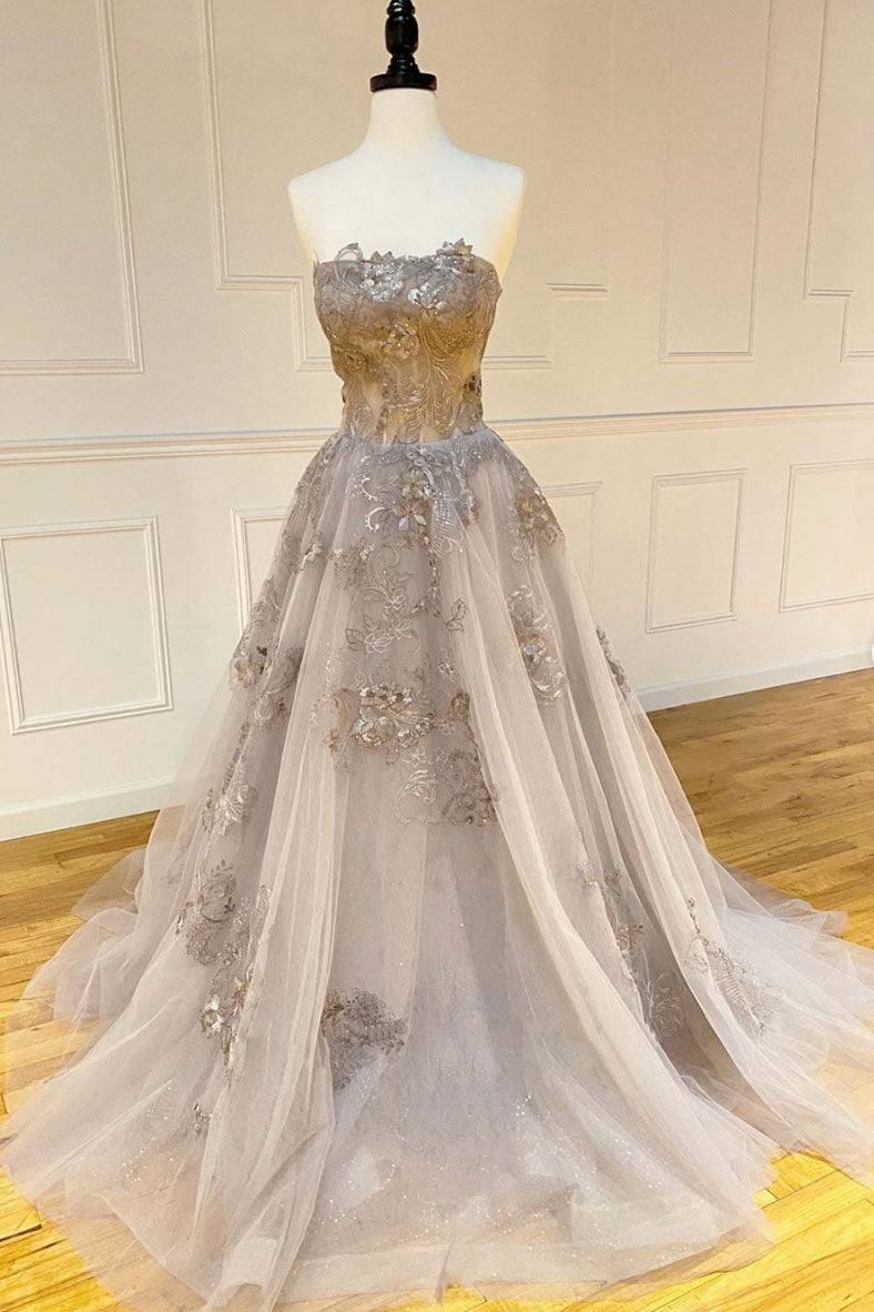 Champagne tulle lace long prom dress lace formal dress - RongMoon