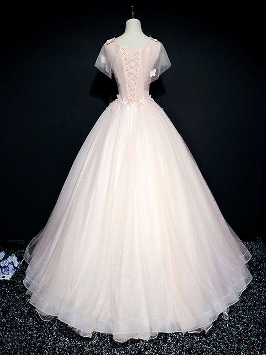 Pink tulle lace long prom dress, pink tulle lace evening dress - RongMoon