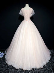 Pink tulle lace long prom dress, pink tulle lace evening dress - RongMoon