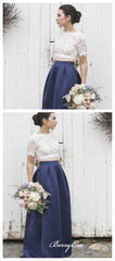 Two Pieces Lace Bridesmaid Dresses, A-line Satin Bridesmaid Dresses - RongMoon
