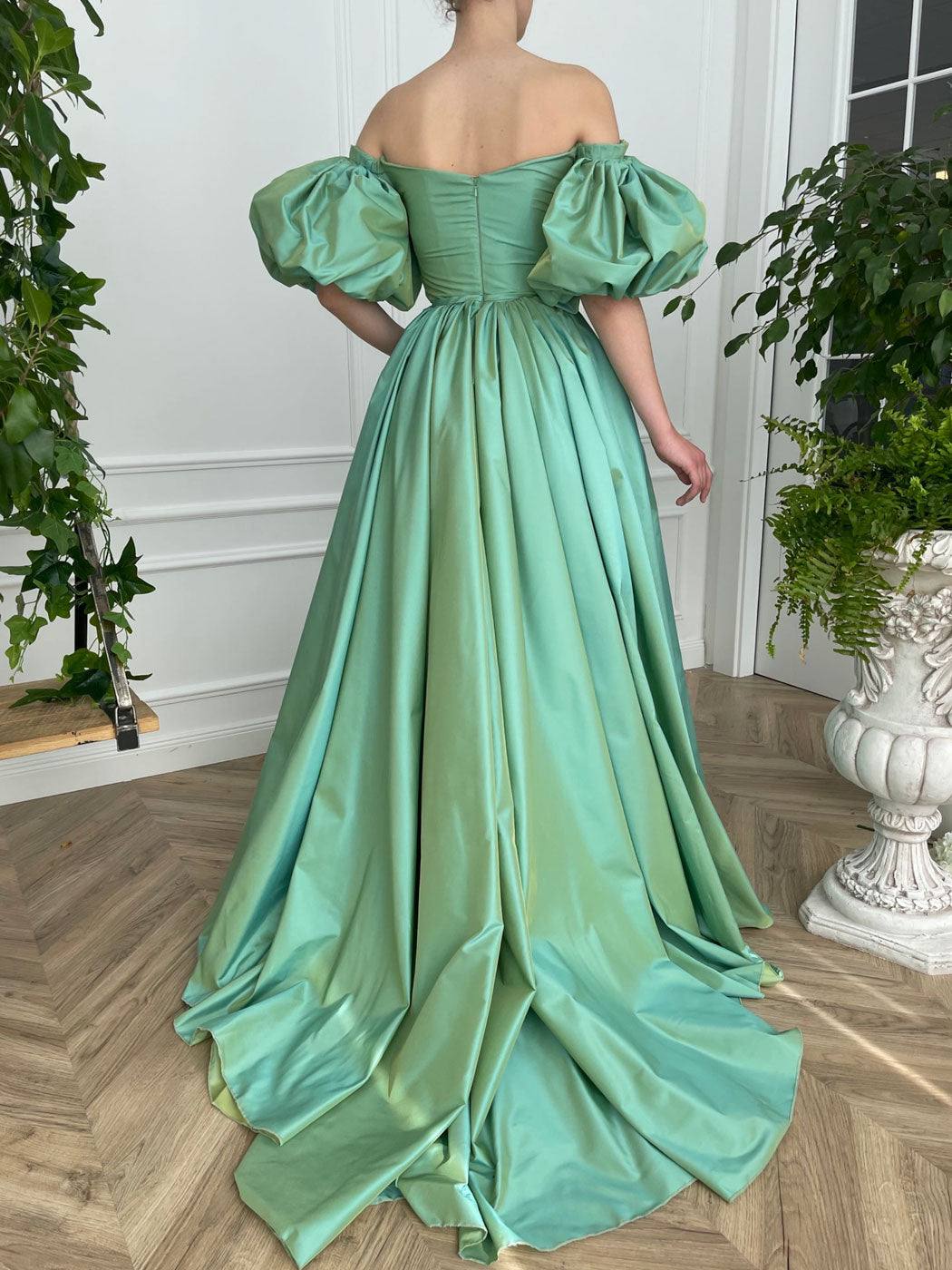 Simple green satin long prom dress, green evening dress - RongMoon