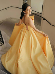 Yellow satin long prom dress, simple yellow evening dress - RongMoon