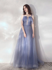 Blue A-Line Tulle Long Prom Dresses, Blue Formal Graduation Dresses - RongMoon