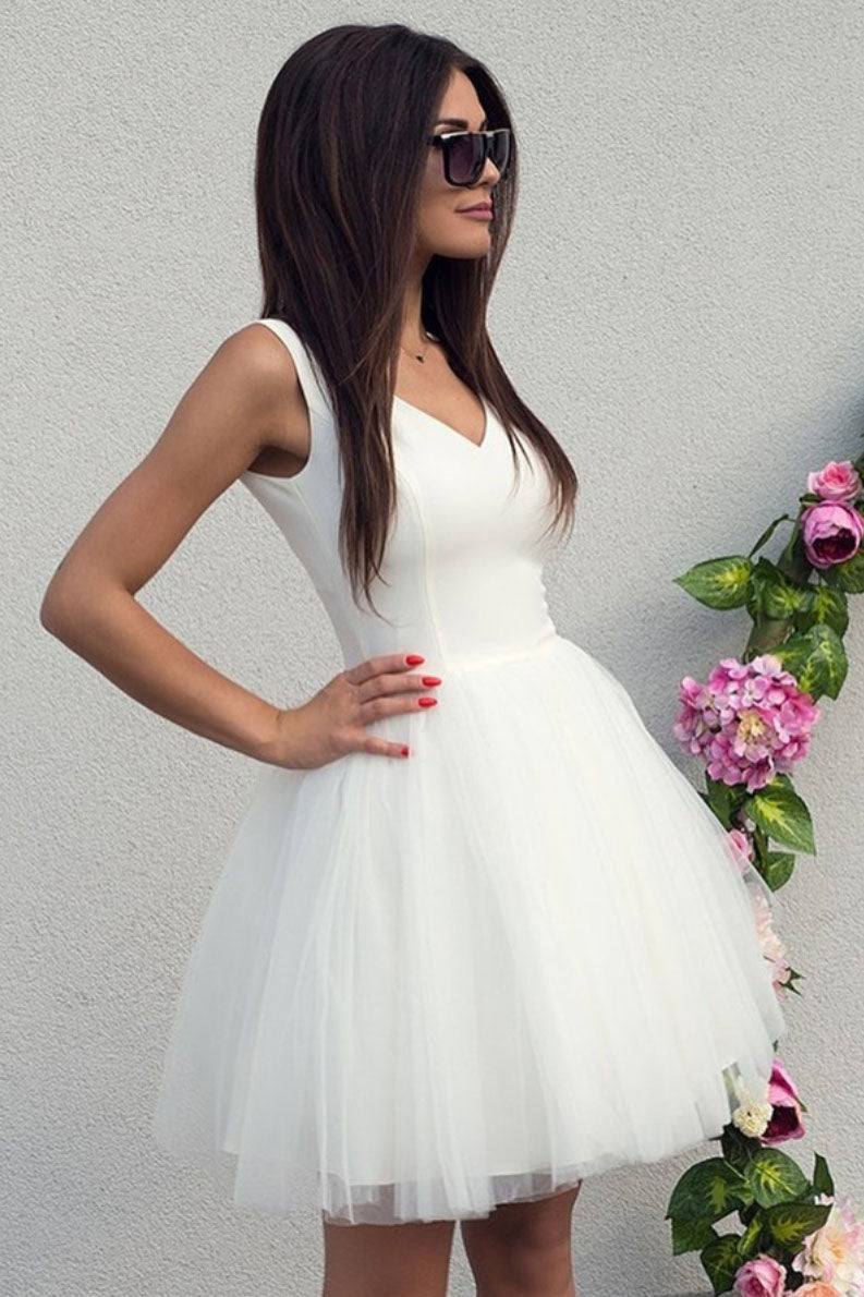 Simple white tulle short prom dress white homecoming dress - RongMoon