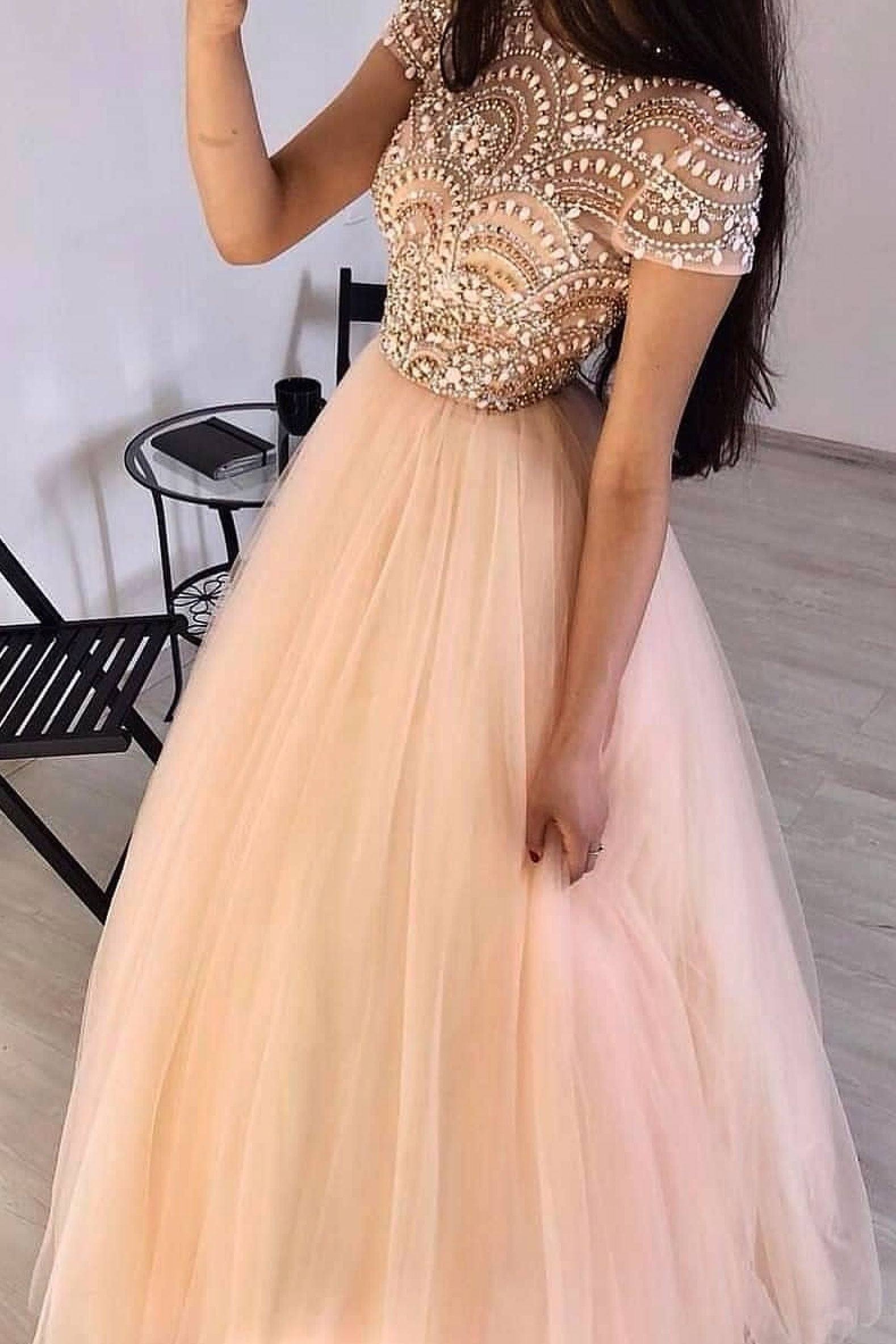 Pink round neck tulle beads long prom dress pink tulle formal dress - RongMoon