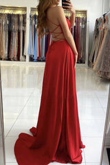 Simple red v neck satin long prom dress red evening dress - RongMoon
