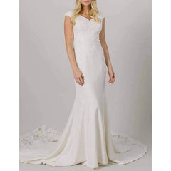 Mermaid / Trumpet Wedding Dresses V Neck Court Train Lace Stretch Fabric Cap Sleeve Romantic with Appliques - RongMoon